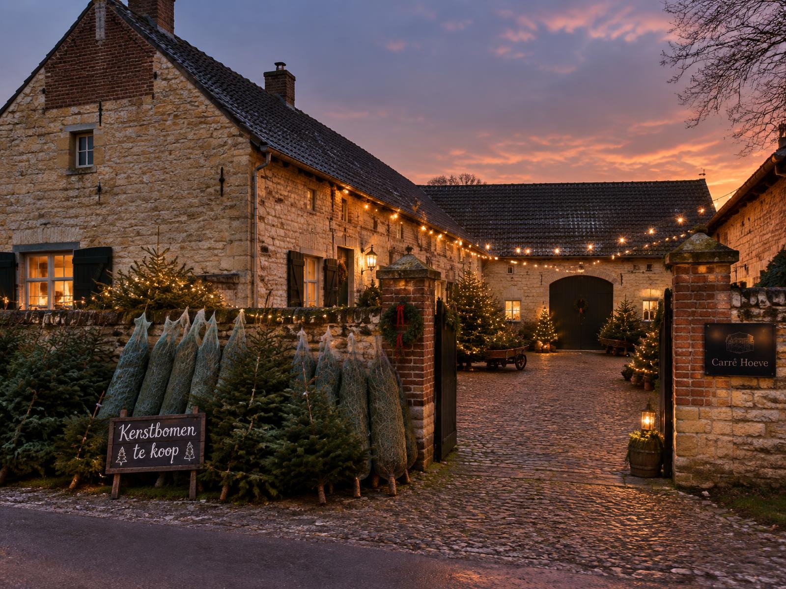 Limburgse hoeve met kerstbomen en lichtjes in de schemering
