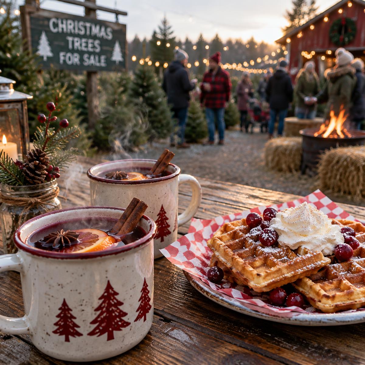 Bekers glühwein en warme wafels op een houten tafel