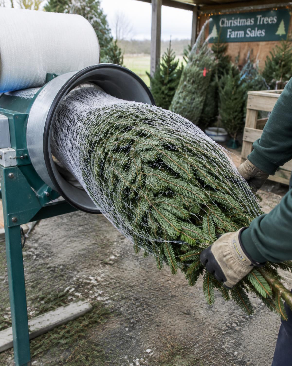 Een kerstboom gaat door de inpakmachine en krijgt een net