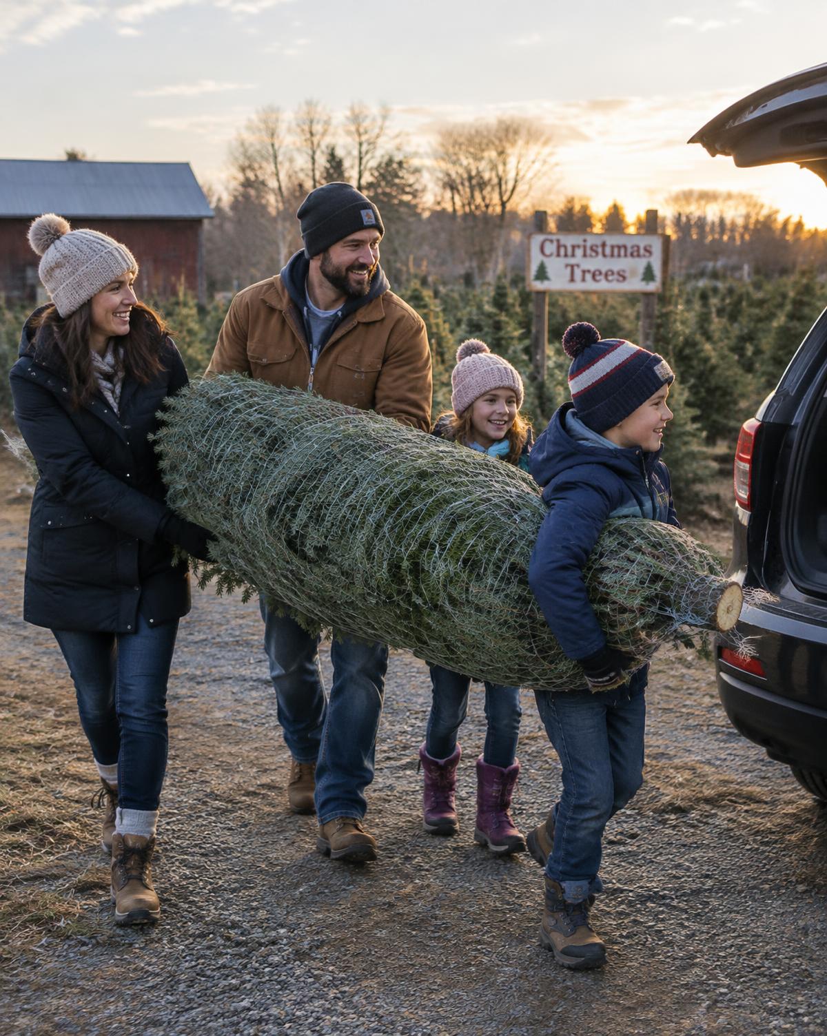 Gezin draagt samen hun ingepakte kerstboom naar de auto