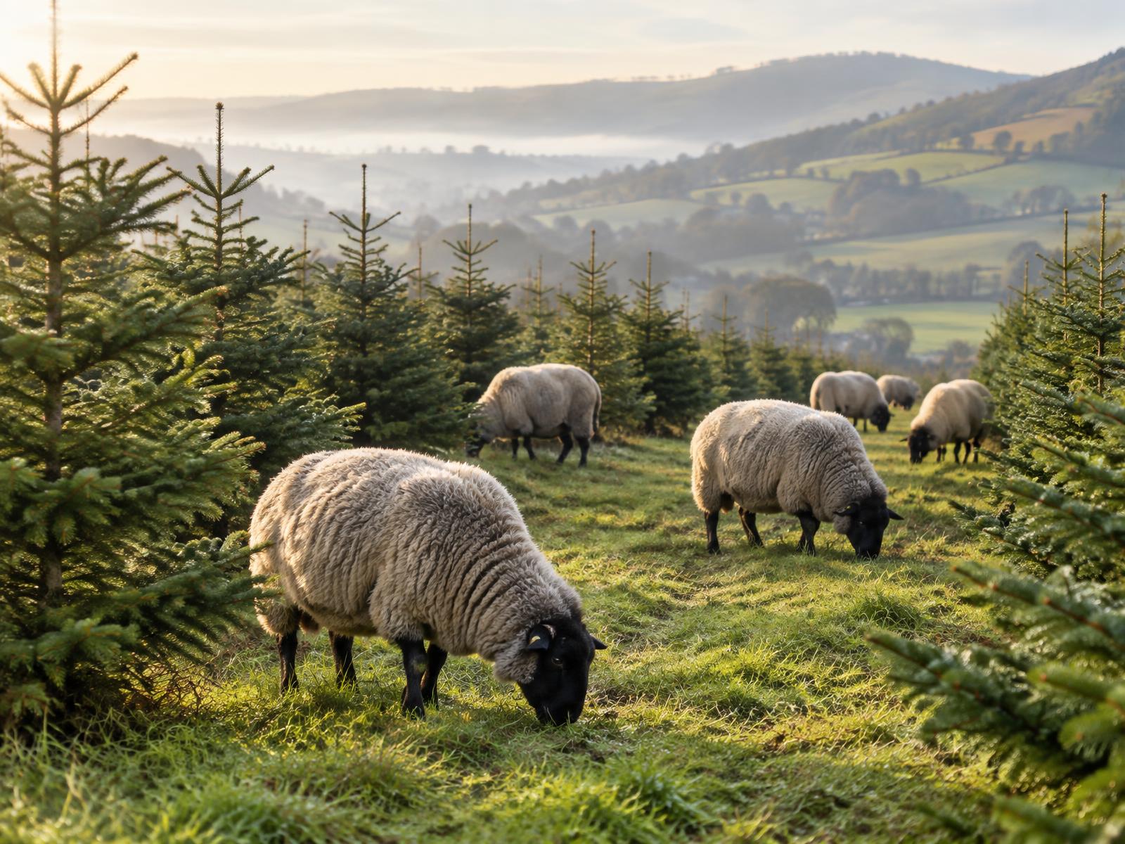 Schapen grazen tussen jonge kerstbomen op een heuvel