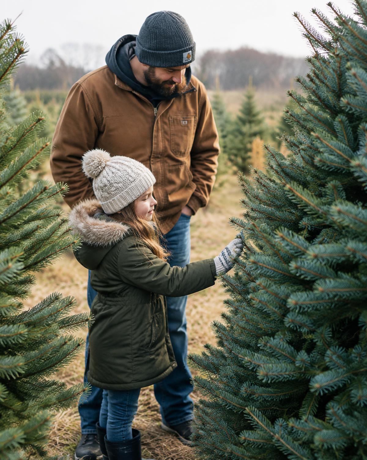 Vader en dochter bekijken de naalden van een kerstboom
