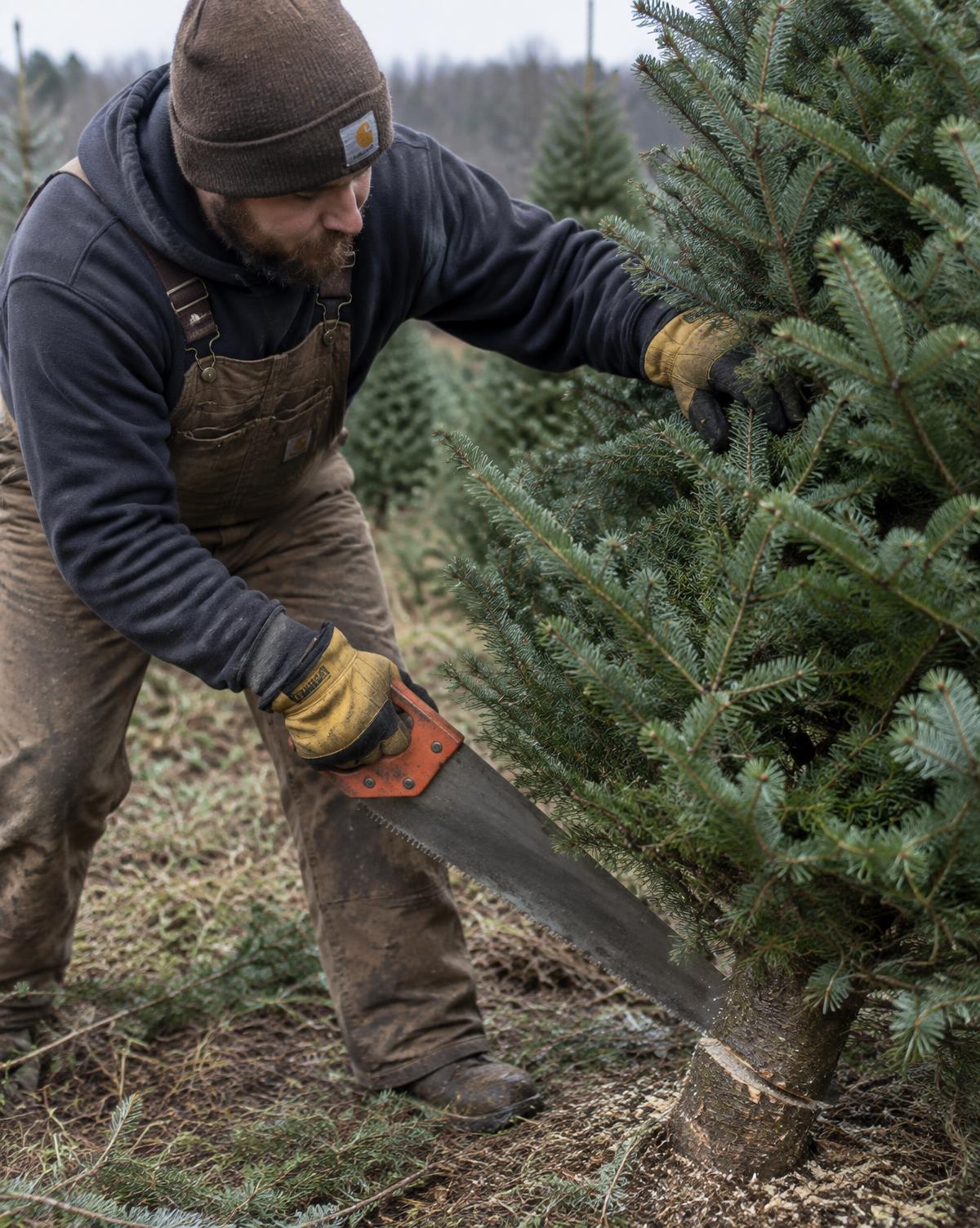 Medewerker zaagt een gekozen kerstboom om